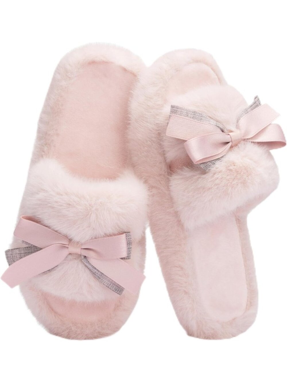 Women's Pink Memory Foam Anti Skid Open Toe Soft Fuzzy Cute Bow Indoor Slippers